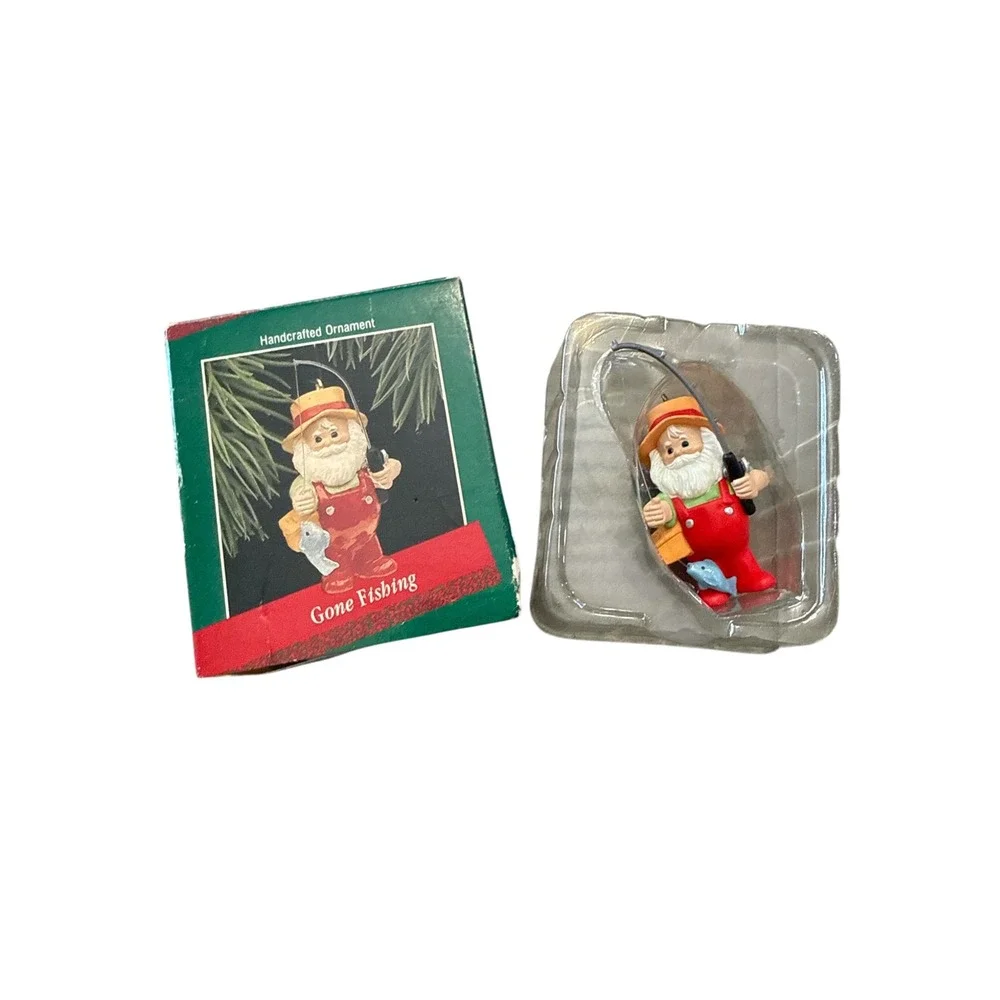Vintage Handcrafted Gone Fishing Santa Christmas Ornament with Box Red Green